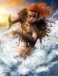A fierce and beautiful barbarian woman is rapidly running into battle with two magical fire knives in the snow. She has long red hair, blue eyes and black tattoos and is dressed in skins. 3d rendering