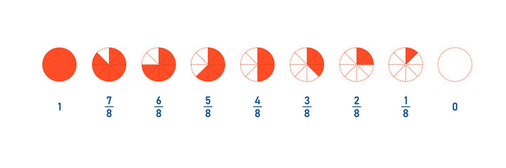 fraction parts from one eighth to whole. circle pie line icon set. math element for education. vecto