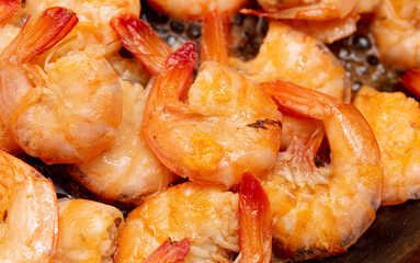 Sticker - Close-up of boiled shrimp as background.