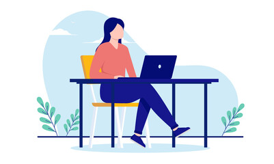 Poster - Woman working on computer at desk - Businesswoman in casual clothing with laptop, vector illustration with white background