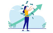 © Knut - Female making money - Woman standing in front of rising green arrow throwing money in air. Financial success concept. Flat design vector illustration with white background