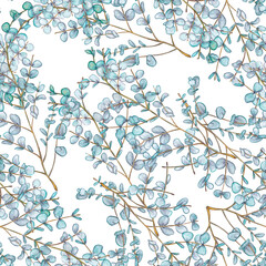   Seamless pattern from a branch with eucalyptus leaves. Watercolor illustration. 