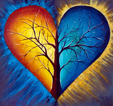 Acrylic Painting Heart And Soul Harmony Illustration The Concept Of Opposite Energies: Male-female, Day-night, Light-dark, Yin-yang