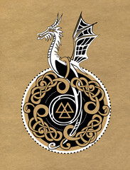 Medallion with Celtic knots and dragon. Norwegian ornament on brown old paper.