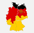Map of the Germany map divided on West and East Germany with regions in the colors of the flag with administrative divisions, blank