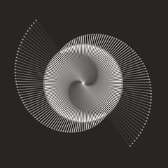 Spiral with lines as dynamic abstract vector background or logo or icon. Yin and Yang symbol. White hypnotic illustration on black background.
