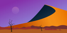 Desert Landscape With Sunset And Bare Trees. Flat Vector Illustration For Posters, Banners, Ad
