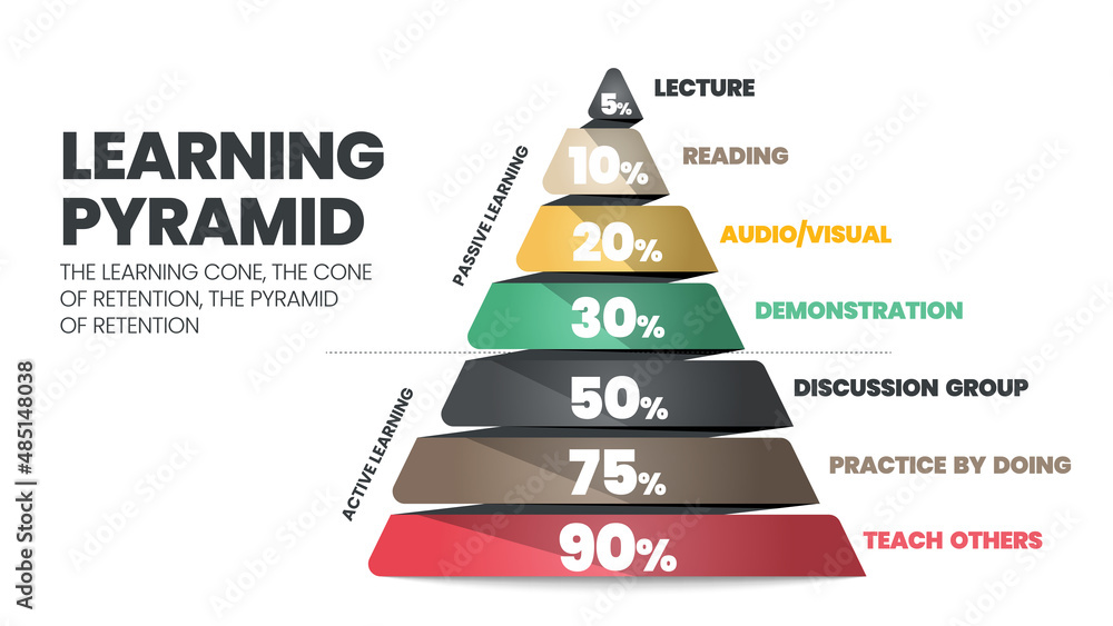 The learning pyramid infographic vector refers to the cone or rectangle ...