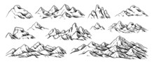 Rocky Mountains Sketch. Hand Drawn Nature Landscape Engraving. Hike And Summit Climbing Background. Scenic Cliffs And Peaks Panorama. Highlands Scenery. Vector Outline Rock Ridges Set