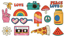 Hippie Retro Stickers. Cartoon Psychedelic Vintage Clip Art. Smiley Face. Flower And Mushroom. Peace Symbol. Rainbow And Pizza Piece. Heart Shaped Sunglasses. Vector Hippy Elements Set