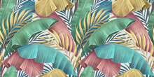 Pastel Color Banana Leaves, Palms. Tropical Seamless Pattern. Hand-painted Vintage 3D Illustration. Bright Glamorous Floral Background Design. Luxury Wallpaper, Cloth, Fabric Printing, Digital Paper