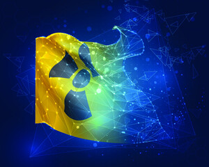 Wall Mural - radiation sign on a yellow background in 3d vector flag, virtual abstract 3D object from triangular polygons on a blue background