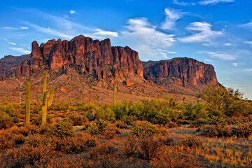 Wall Mural - Arizona desert view with Superstitious mountain and Saguaro cacti and near sunset, Phoenix, USA