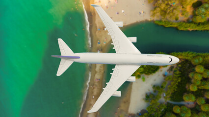 Aerial top down view of an airplane flying over blue sea as a travel concept with copy space