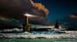 © Aleh Varanishcha - Storm at sea overlooking the lighthouse and ships. Lighthouse Tourlitis of Chora, Andros, Greece