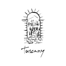 Tuscany Landscape Illustration. Old Arched Stone Window. Winery Logo.