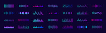 Sound Waves Icons Set. Music Frequency. Audio Player. Sound Equalizers. Radio Wave Icons. Abstract Digital Equalizers For Music App. Volume Level Symbols. Vector