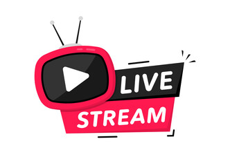 Live Stream icon. Live streaming sign with play button. Live broadcast button for blog, player, broadcast, website, online radio, media labels. Live streaming element. Vector illustration