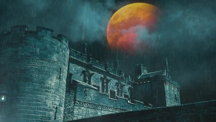 Wall Mural - castle with rain lightning and blood moon 4k loop features a castle ruin with moving clouds and an o