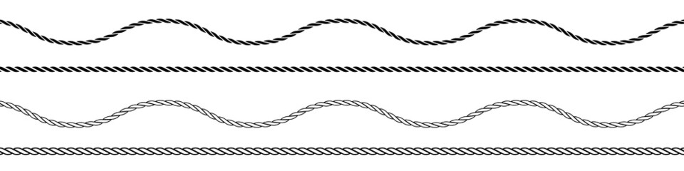 Straight and wavy rope, black monochrome silhouette and outline. Flat vector illustration isolated on white background.