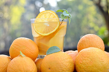 Wall Mural - A closeup of bunch ripe orange grapefruit with grapefruit juice and mint in the glass cup