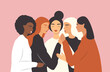 vector hand drawn illustration in flat style on the theme of feminism, female support, friendship, sisterhood. Women of different races hugging each other