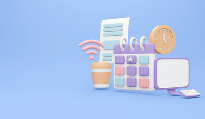 3D Rendering of Agenda element icons calendar computer time coffee internet paperwork symbol on background concept of time management and life style work and holiday vacation. 3D render illustration.