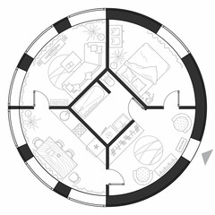 Plan of a round house with furniture layout. Interior drawing in black and white, top view. Architectural set of standard symbols for apartment and house projects. Vector icon set