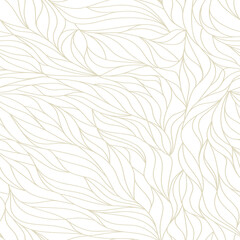 Wall Mural - Curly waves tracery, curved lines, stylized abstract petals pattern. Seamless leaf background. Golden outline white texture. Organic wallpapers for printing on paper or fabric. Vector
