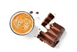 Fototapeta Kuchnia - Slice  chocolate cake with cup of coffee isolated on white background.
