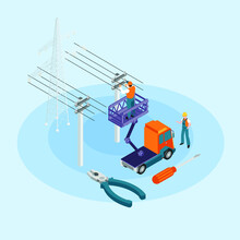High Voltage Electricians In The Cable Car Doing Maintenance Isometric 3d Vector Illustration Concept Banner, Website, Landing Page, Ads, Flyer Template
