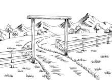 Farm Gate Graphic Black White Landscape Sketch Illustration Vector  