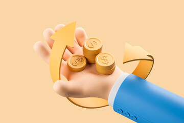 Hand with golden coins on light background, online payment and refund