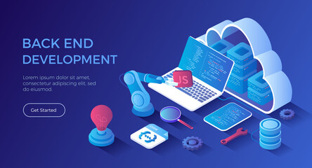 Back-end Development, Coding, Software Engineering, Programming languages. Server racks in the big cloud, database, program code on laptop screen. Isometric landing page. Vector web banner.