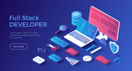 Full Stack Developer. Programmer who can work with software and hardware part of the service Back-end and user interface Front-end. Isometric landing page. Vector web banner.