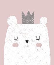Lovely Nursery Vector Art With Hand Drawn King Or Queen Bear Isolated On A Pink Background. Cute Big White Bear Illustration Ideal For Card, Wall Art, Invitation, Poster, Baby Shower Party Decoration.