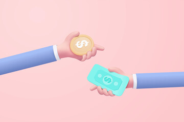 3D money coin hand holding transfer to banknote for online payment concept, Bundles cash and floating coins exchange on pastel pink background. cashless society concept in 3d vector render