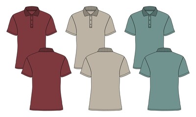 Multicolor sleeve Polo Shirt Technical Fashion Flat Sketch vector illustration template front and back view isolated on white background. 