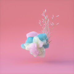 Poster - Beauty fashion podium backdrop for product display with abstract pastel stone and iridescent floral. 3d rendering. 