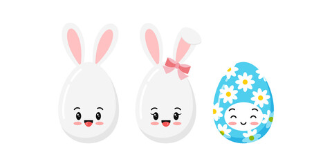 Wall Mural - Easter cute eggs with bunny ears and flower character set isolated on white background. Spring white bird eggs for hunt decorated rabbit ears. Vector flat design cartoon kawaii style illustration.