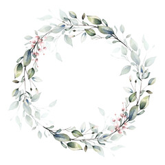 Wall Mural - Arrangement frame with green and pink branches and leaves. Watercolor painted floral wreath.