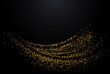 Golden shimmering element, wave shape. Isolated abstract movement on black background. Glittering trail of gold dust. Magic sparkling lines.