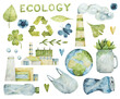 Watercolor eco-friendly, ecology set of illustrations. Eco symbols, symbol of recycling. Hand-drawn elements - factories, planet, green leaves and hearts on white background