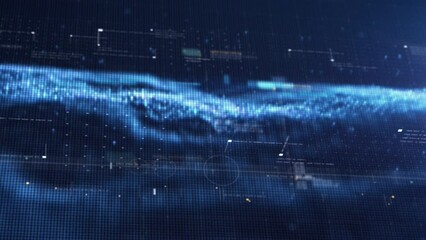 Fototapete - Abstract de-focus flowing matrix data, telemetry and encrypt numbers display with particles simulation for head up display in cyber space environment background