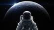 Astronaut in space suite stand in front of moon flare and sky in galaxy with 3d rendering.