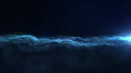 Fototapete - Futuristic digitally generated motion graphic blue particles wave flowing in virtual reality abstract cyber space environment de-focus abstract background