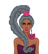 Vector African American woman in rnb style with a braided high tail voluminous and long pigtail. Gray hairstyle. Fashionable model with bare shoulders in a bra crimson leopard print and big earring   
