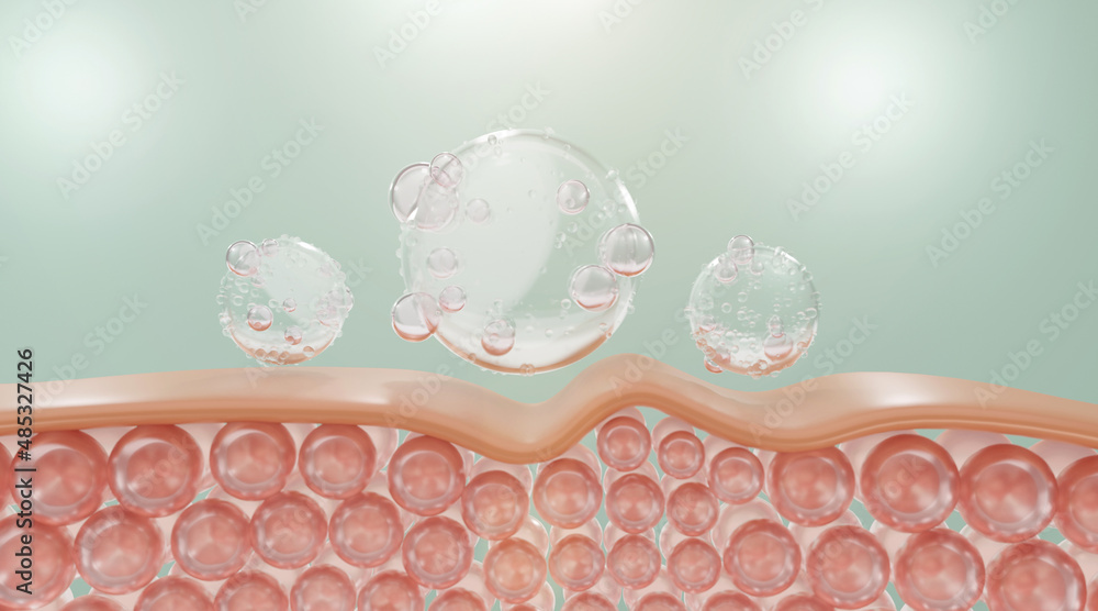 Water and vitamin drop on skin cell. serum through the skin layer and ...
