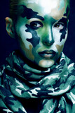 Fototapeta Sypialnia - Beautiful young fashion woman with military style clothing and face paint make-up, khaki colors, halloween celebration close up, green pattern