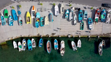 Canvas Print - Small fishing boats in Nesebar historic city on Black Sea shore in Bulgaria, 4k